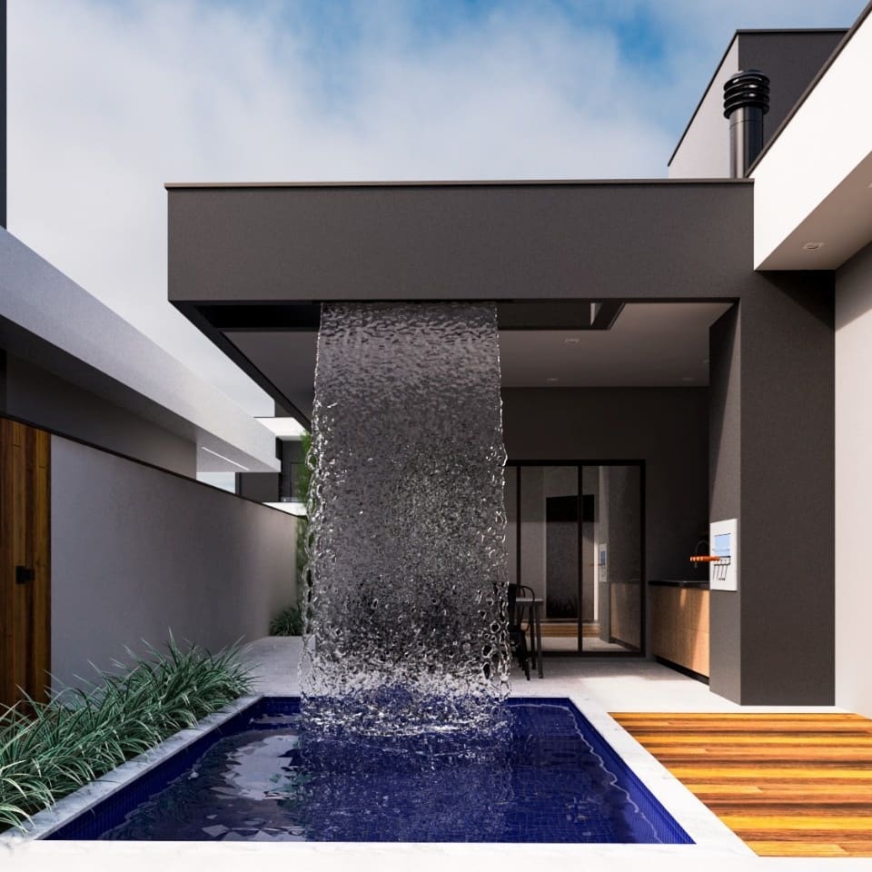 Área de lazer com piscina e cascata integrada à varanda